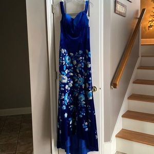 Royal blue long velvet Ellie Wilde size 12 off the shoulder gown.